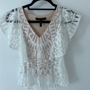 BCBGMaxAzria White Geometric Lace Flutter Sleeve Blouse